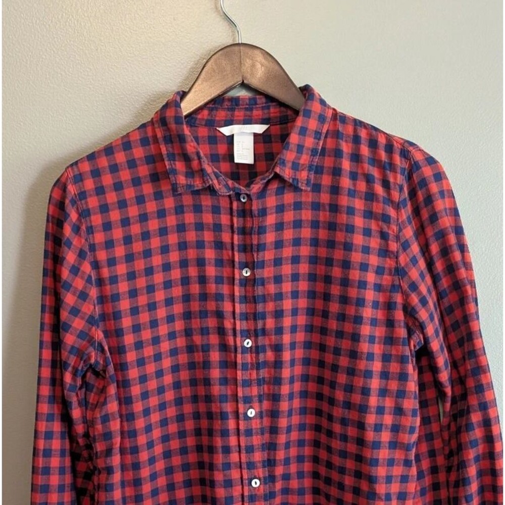 HM Womens Size 6 Small Red Navy Blue Gingham Plaid Button Down Shirt Long Sleeve
